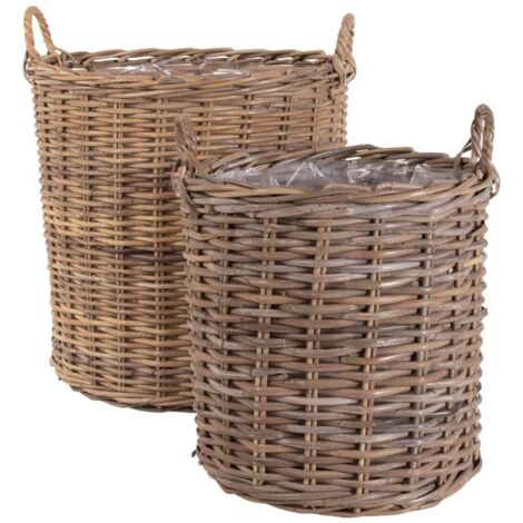 Lot de 2 paniers en rotin kubu – Dimensions 40/50 cm de diamètre et 48/58 cm de hauteur – Avec 2 anses pour transport facile – House Nordic