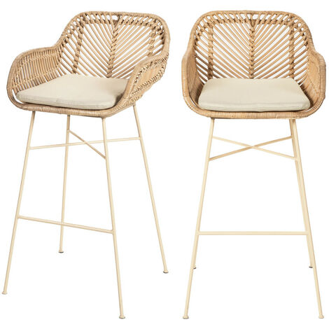 Drawer – Lot de 2 tabourets de bar en rotin tressé – Hauteur 76 cm – Accoudoirs et coussins rembourrés – Style bohème contemporain