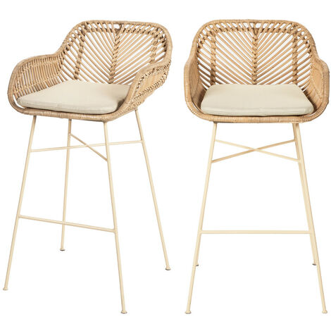 Drawer – Lot de 2 tabourets de bar en rotin et métal H68cm – Style vintage et contemporain – Coussin déhoussable et lavable – Pour coins repas modernes