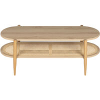 Drawer – Table basse ovale en bois clair et cannage – 120 x 50 x 40 cm – Piètement en chêne massif – 2 plateaux pour rangement et décoration