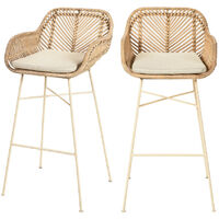 Drawer – Lot de 2 tabourets de bar en rotin tressé – Hauteur 76 cm – Accoudoirs et coussins rembourrés – Style bohème contemporain