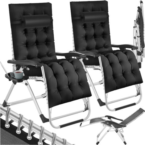 Tectake – Lot de 2 bains de soleil pliables réglables – Textilène noir respirant – Dossier et repose-pieds ajustables – Capacité 200 kg