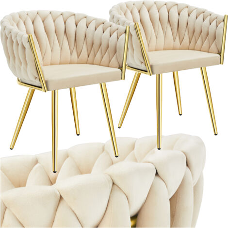 Lot 2 chaises de salle à manger en velours design noué sable/or
