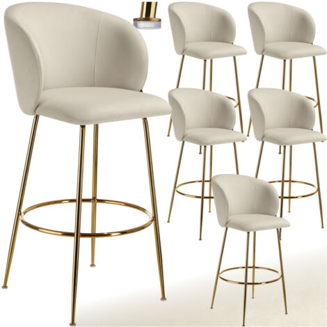 Tectake – Lot de 6 tabourets de bar rembourrés – Dossier incurvé en velours doré – Hauteur d'assise 76 cm – Pieds antidérapants pour stabilité