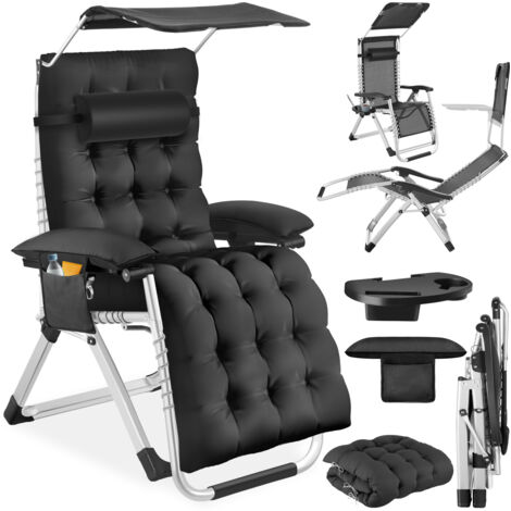 Chaise longue pliable avec pare-soleil et reposes-pieds noir