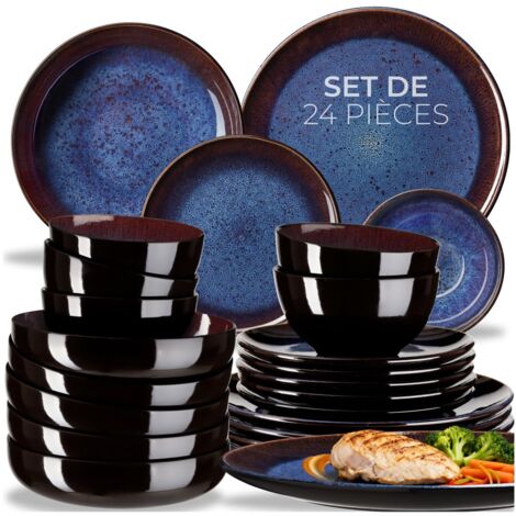 Set de vaisselle 24 pièces en faïence 6 personnes fait main bleu/brun