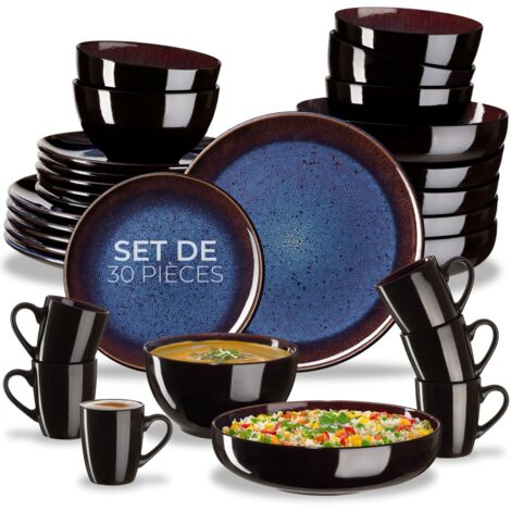 Set de vaisselle 30 pièces en faïence 6 personnes fait main bleu/brun