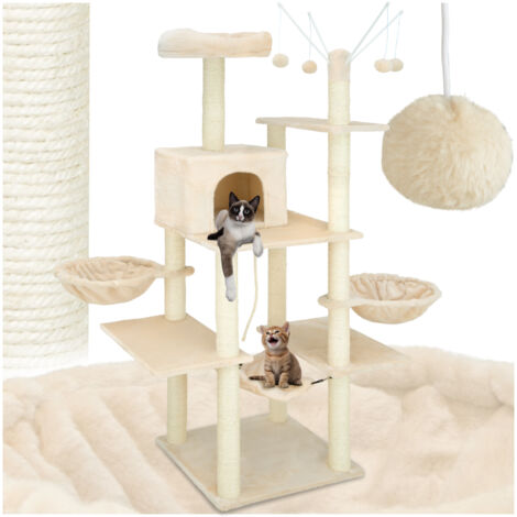 Tectake – Arbre à chat LILOU 165 cm – Revêtement en peluche – Niche centrale et hamac – 3 étages avec poteaux en sisal – Accessoires inclus