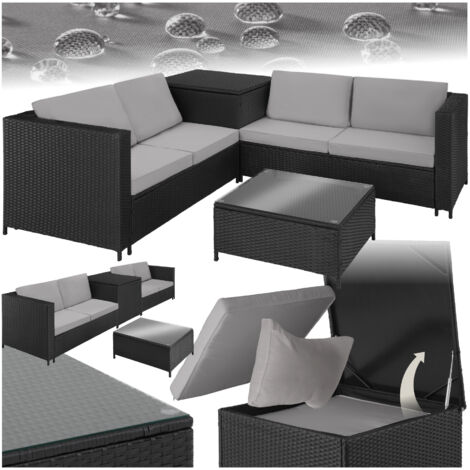 Tectake – Canapé de jardin lounge en rotin pour 4 personnes – Résine tressée résistante aux intempéries – Coussins en polyester – Coffre de rangement