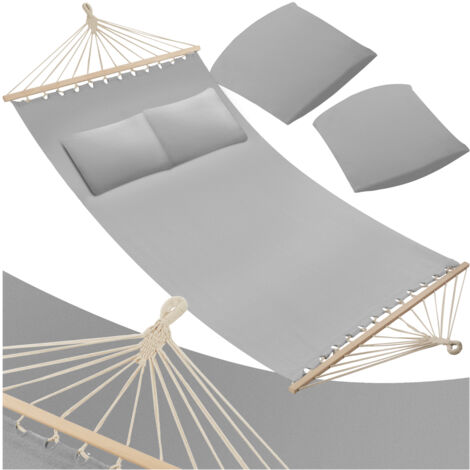 Tectake – Hamac double Eden 230 x 145 cm – Coton et polyester – Barres en bois de bouleau – Poids max 240 kg – 2 oreillers inclus
