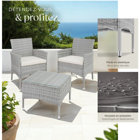 Lot 2 Fauteuils Rotin Poly Avec Coussins - Salon De Jardin Extérieur/Intérieur - Housses Interchangeables Gris/Blanc - Confort & Style