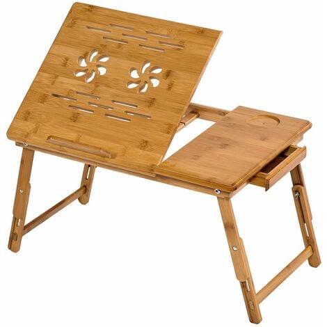 Table de lit pliable,Petite table en bambou pour ordinateur portable,pour  Gaucher et Droitier, Plateau ajustable 5 positions, 72 x (21-29) x 35 cm  ,Trous d'aération,Petit tiroir LLD004
