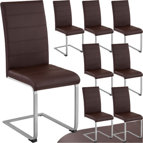 Tectake – Lot de 8 chaises de salle à manger rembourrées – Revêtement cuir synthétique marron – Pieds métal argentés – Confort ergonomique