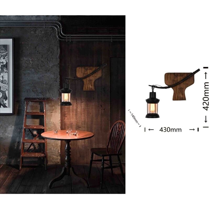 Applique da parete luce led E27 lanterna nero in metallo legno design  vintage lampada muro rustico