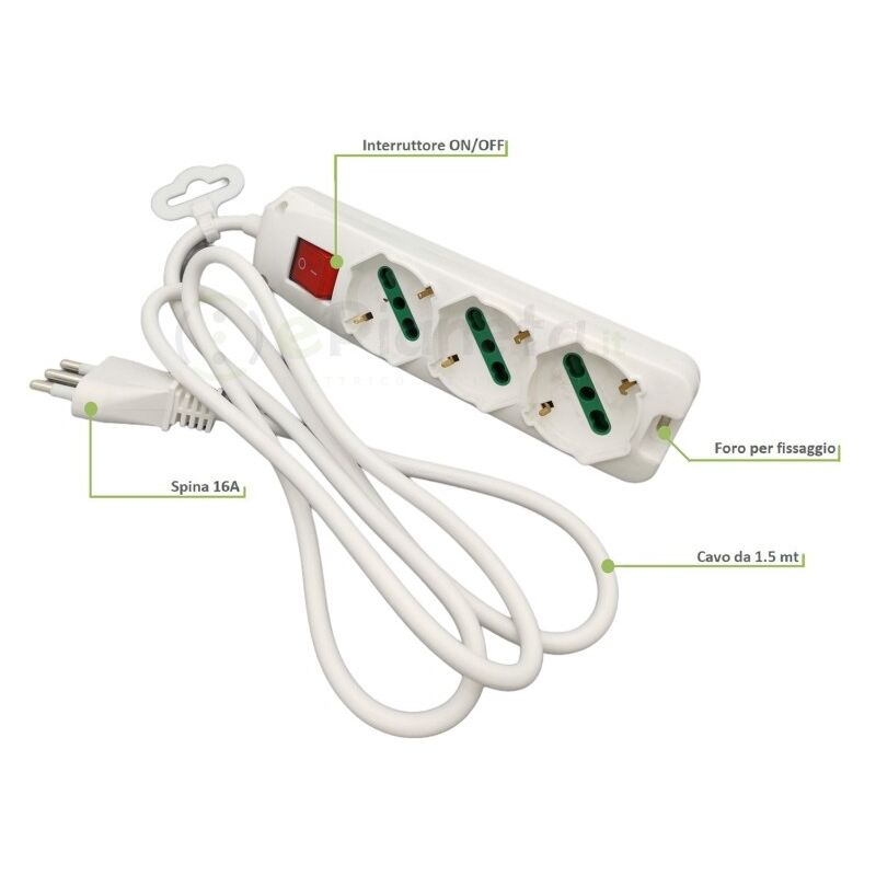 Multipresa prolunga elettrica con 6 prese bipasso + 3 shuko 16A 250V  ciabatta bianco cavo 1.5 mt con interruttore