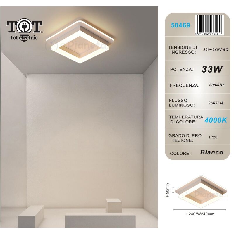 Plafoniera led 33w quadrata bianco design moderno lampadario da soffitto geometrico luce fredda naturale  Naturale
