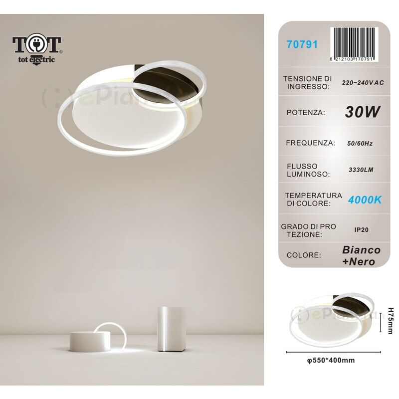 Plafoniera led 30w 3 cerchi bianco lampadario da soffitto tonda moderno luce fredda naturale  Naturale
