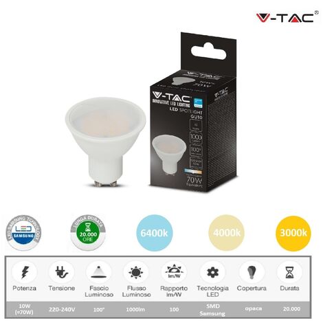 V-TAC Lampadina faretto led 10W attacco GU10 per portafaretto incasso luce bianca naturale calda Bianco freddo