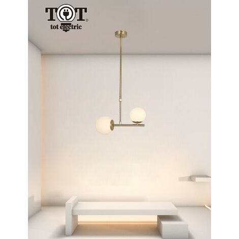 Lampadario a sospensione oro con 2 sfere bolle in vetro bianco opaco attacco G9 E27 design moderno minimal