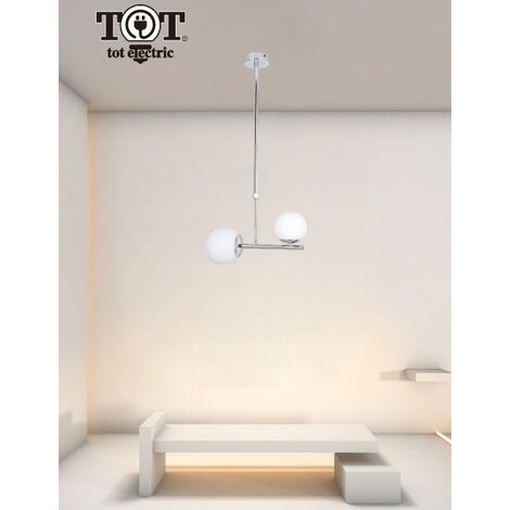 Lampadario a sospensione argento con 2 sfere bolle in vetro bianco attacco G9 design moderno
