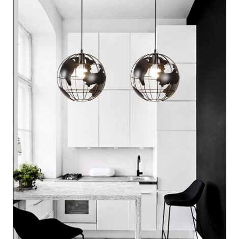 Lampadario a sospensione mappamondo E27 in metallo nero bianco sfera globo sospeso  Nero