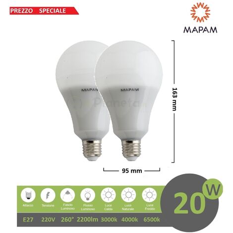 X2 Lampadina led 20w E27 bulbo sfera attacco grande 220V luce bianco naturale calda  Mapam  Luce Calda - 20 (1/2)