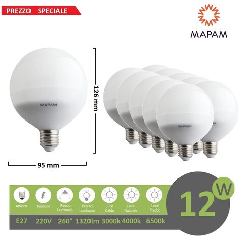 X10 Lampadina led E27 globo G95 12W attacco grande luce bianca naturale calda basso consumo Mapam  Luce Fredda