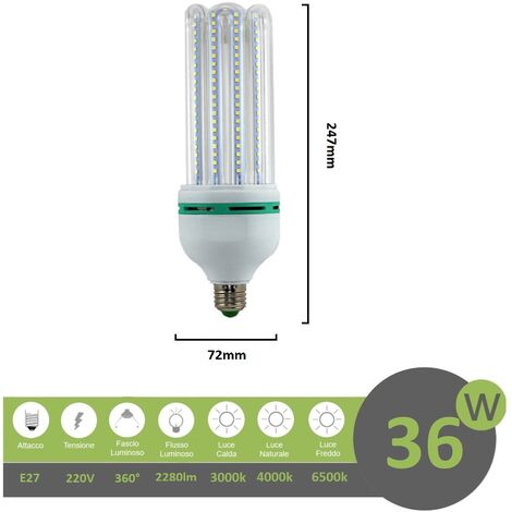 Lampadina led E27 36w 4U luce tubolare tubo attacco grande lineare bianca fredda naturale calda fredda bianca 6500k