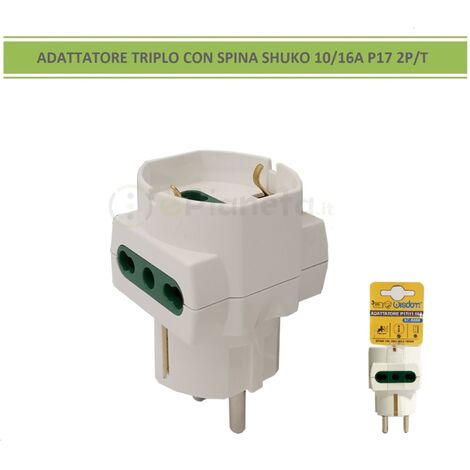 Adattatore riduttore triplo spina schuko 10/16A P17 2P/T con 2 prese bipasso e 1 presa schuko bianco