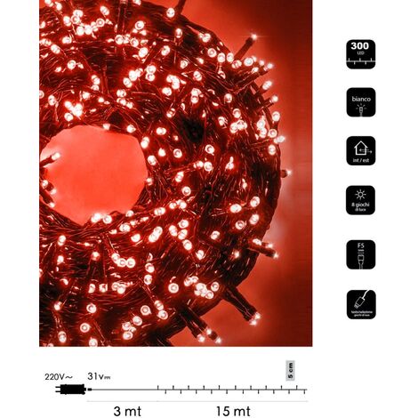 Catena luminosa led Natale 300 led 15mt serie luminosa natalizie per esterno interno albero feste cavo verde decorativa  Rosso