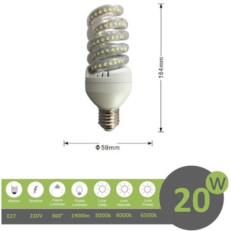 Lampadina led E27 20w tortiglione vortice luce spirale attacco grande bianca fredda naturale calda fredda bianca 6500k