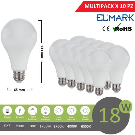 Promopack x 10 pz lampadina led globo A65 E27 18w attacco grande sfera basso consumo luce fredda naturale calda Calda 2700k
