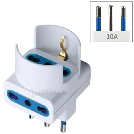 Adattatore triplo spina italiana attacco piccolo 10A a presa bivalente bipasso 10 16A bianco