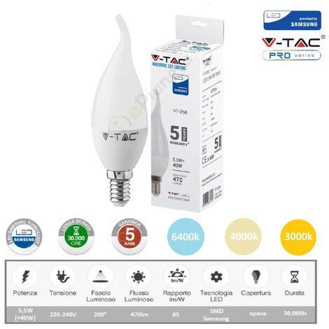 V-TAC PRO Lampadina led candela 5,5w attacco piccolo E14 colpo di vento fiamma opaco luce bianca naturale calda Naturale