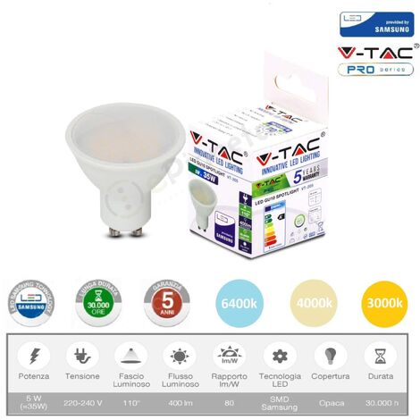 V-TAC PRO Faretto led 5w attacco gu10 bianco lampadina copertura opaca luce fredda naturale calda Calda