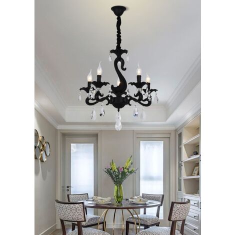 Lampadario sospeso classico con cristalli a 5 luci E14 design vintage pendente nero bianco cucina camera salotto Nero