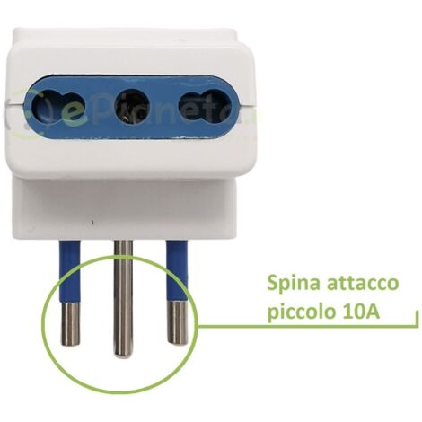 Adattatore triplo spina italiana attacco piccolo 10A a presa bivalente bipasso 10 16A bianco