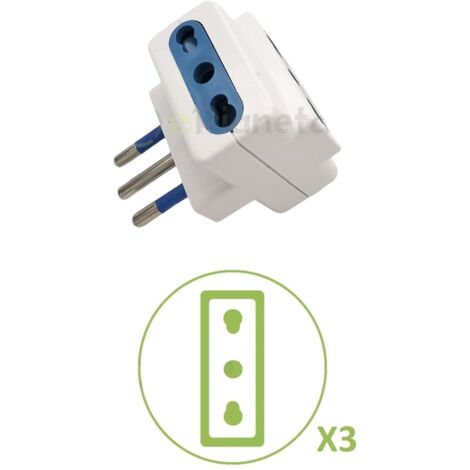 Adattatore triplo spina italiana attacco piccolo 10A a presa bivalente bipasso 10 16A bianco