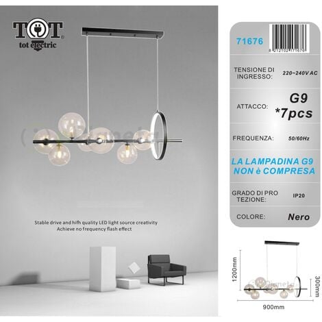 Lampadario sospensione 7 sfere attacco G9 bolle trasparenti in vetro luce con cerchio da soffitto nero argento design moderno  Nero