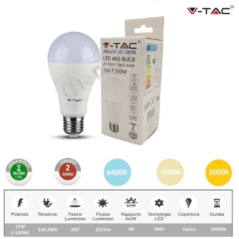 V-TAC Lampadina led bulbo 17w A65 attacco grande E27 copertura opaca luce fredda naturale calda  Bianco freddo (1/5)