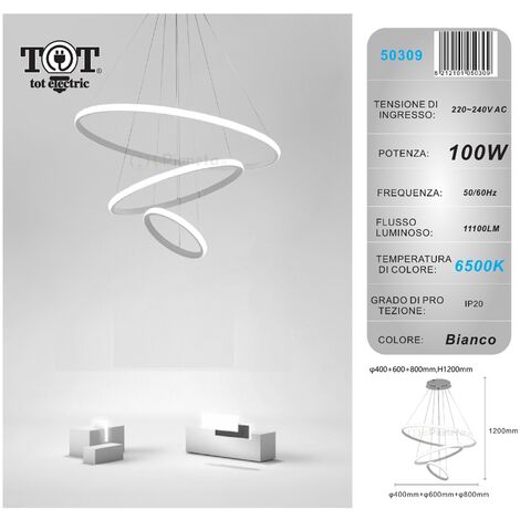 Lampadario sospeso led 60w 2 cerchi pendente cerchio rotondo con