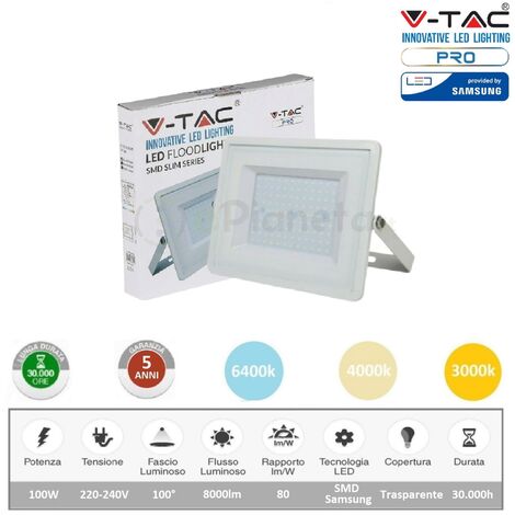 V-TAC PRO Faro led 100W ultrasottile slim da esterno proiettore faretto impermeabile IP65 bianco luce fredda naturale Bianco freddo