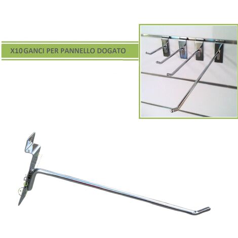 Set 10 ganci per pannello dogato da 20 cm in metallo argento lucido supporto a parete per arredo allestimento negozio