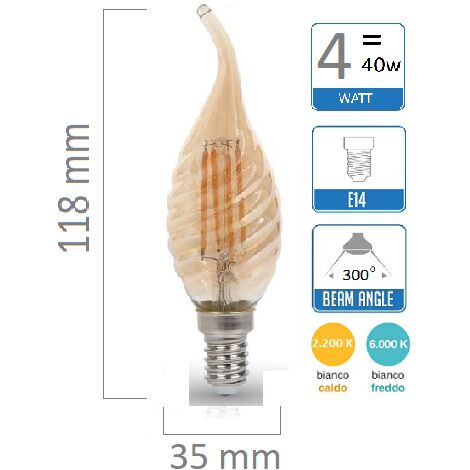 Lampadina e14 led filamento lampada vintage oliva fiamma codino tortiglione globo sfera  candela 4w ambra luce calda