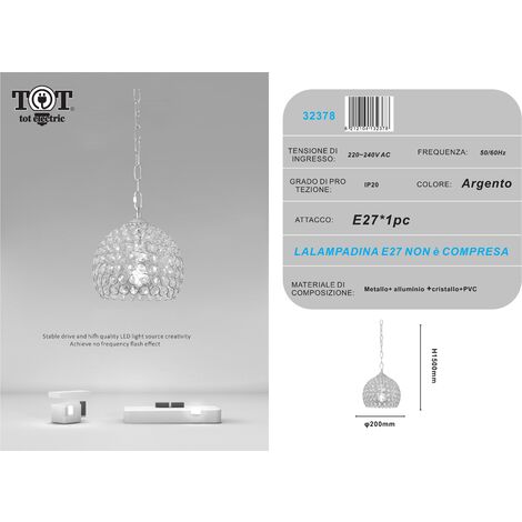 Lampadario sospeso tondo cupola con cristalli lampada mezza sfera luce led attacco E27 oro argento per camera cucina soggiorno 200 mm - Argento