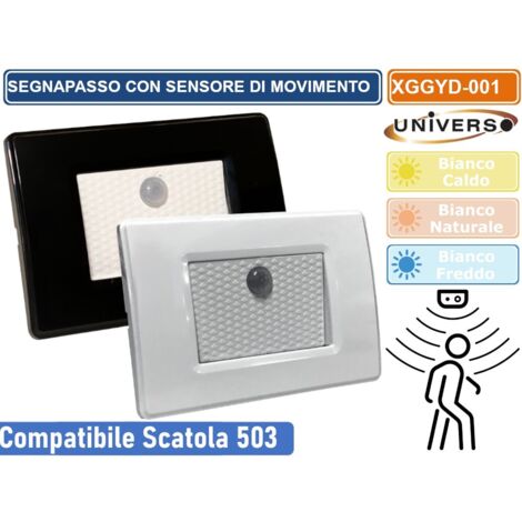 Segnapasso led con sensore di movimento per scatola 503 da incasso a parete luce notturna con placca Nero  Bianco freddo