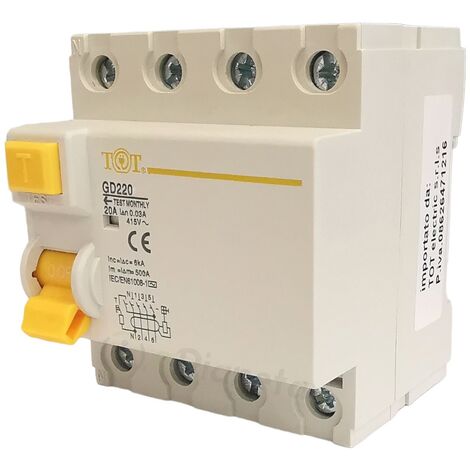 interruttore differenziale puro trifase+neutro 4 moduli din 30mA da 10 a 63A per quadro elettricouadro elettrico 20A