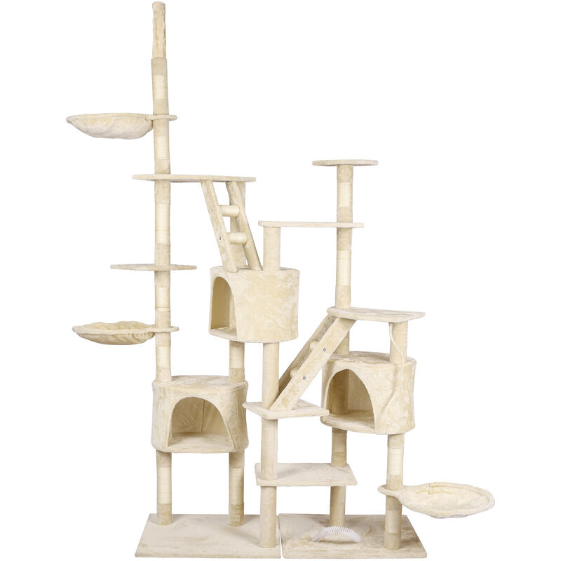 Árbol rascador para gatos 230-260cm beis, tensor de techo, casitas hamacas escaleras peluche sisal