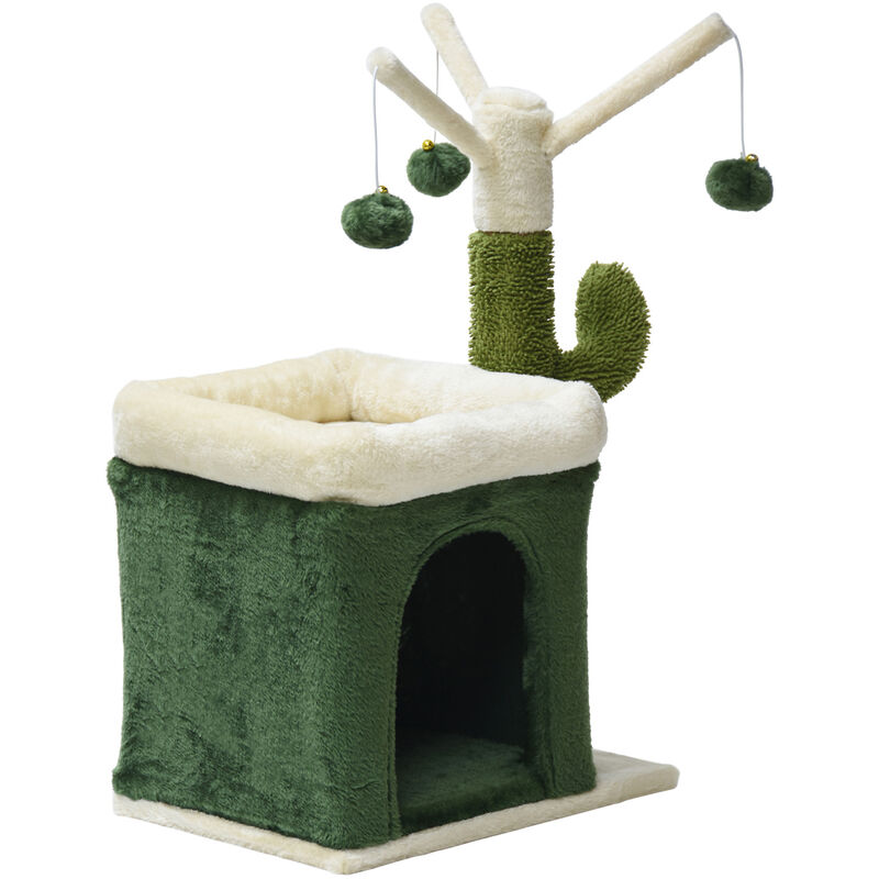 Fudajo Árbol rascador para gatos 70cm diseño cactus poste sisal 4mm con caseta y 3 bolas de juego