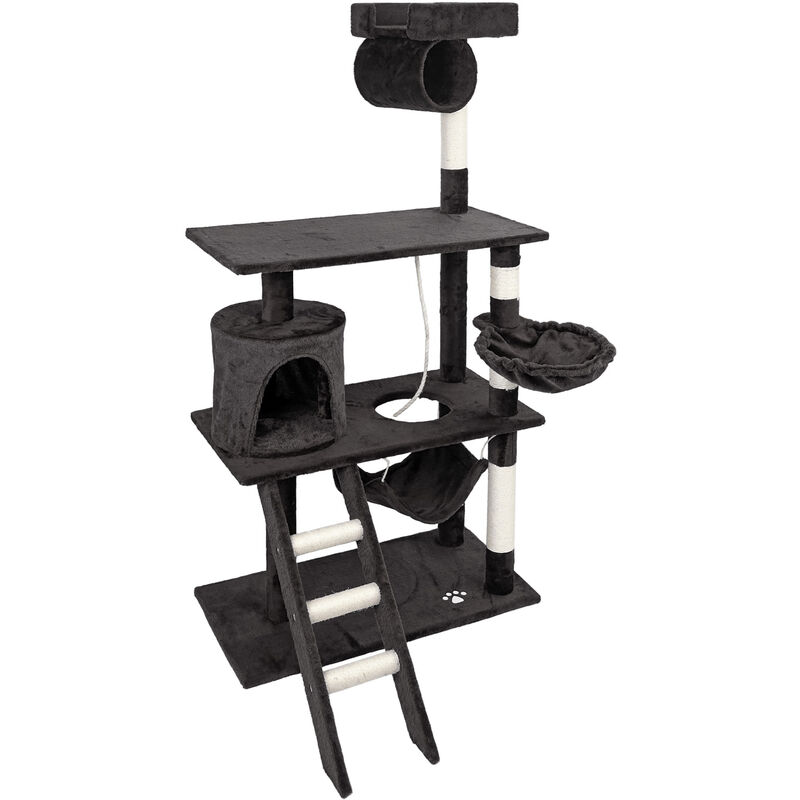 Árbol rascador para gatos negro 141cm con plataformas y cueva poste de sisal para escalar